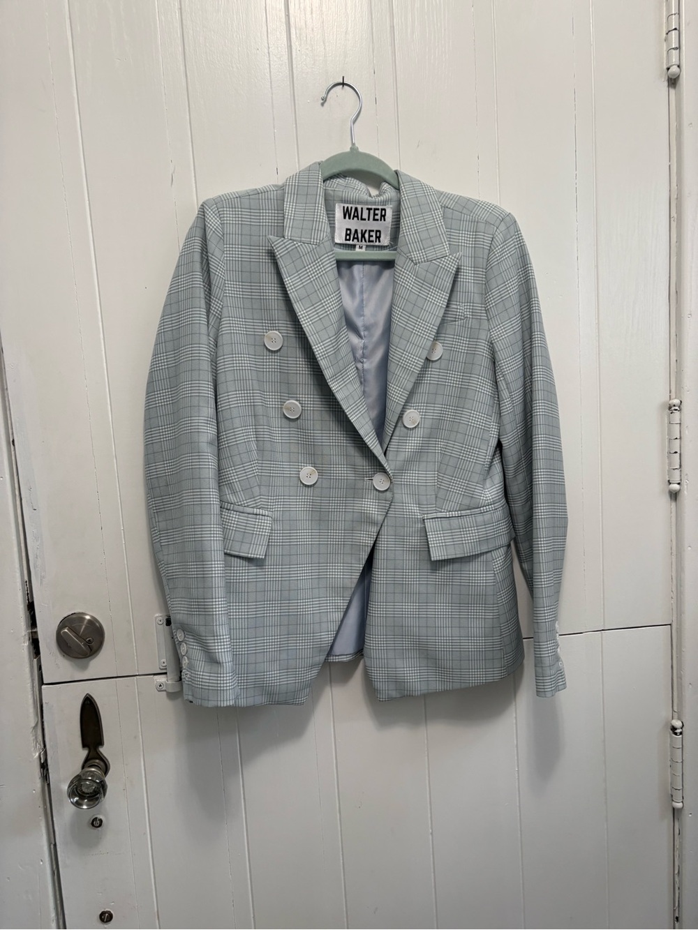 Walter Baker Light Blue Plaid Double-Breasted Blazer